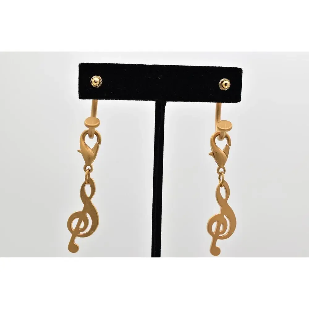 Vintage Treble Clef Earrings Dangle Brushed Gold Music Note Chunky NOS 80s BinBK